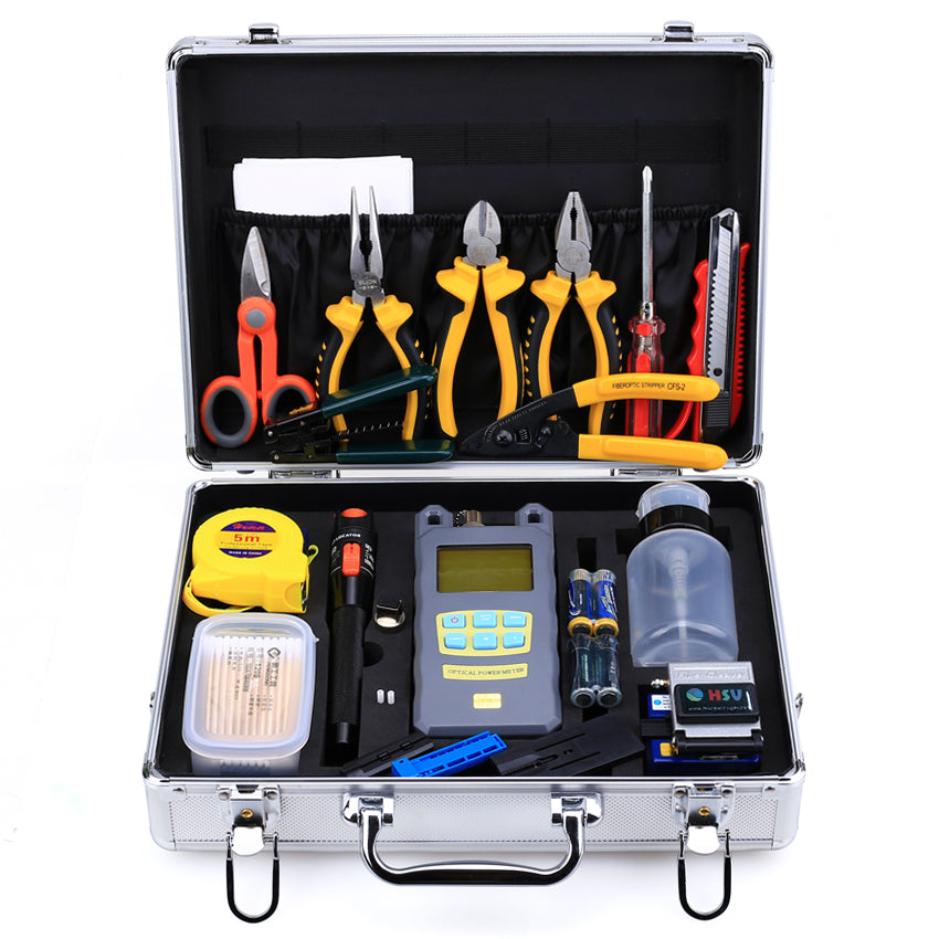 TEKCN HSV-202 FTTH Termination Tool Kit – 18-Piece Kit with Power Meter, VFL & Fiber Cleaver