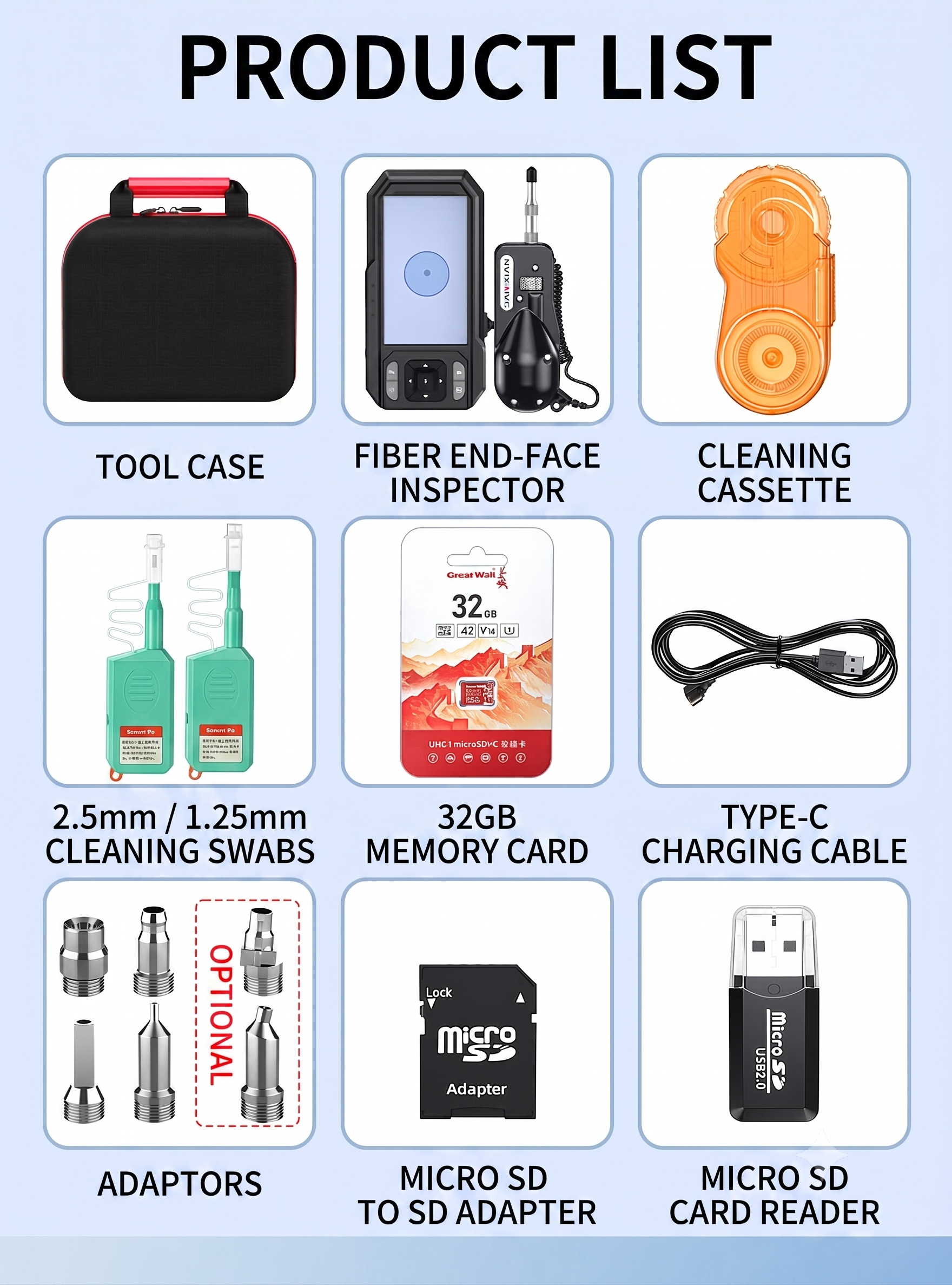 Fiber Optic Inspection & Cleaning Kit – 400x Probe with Display + One-Click Cleaner Pen + Connector Cleaning Cassette