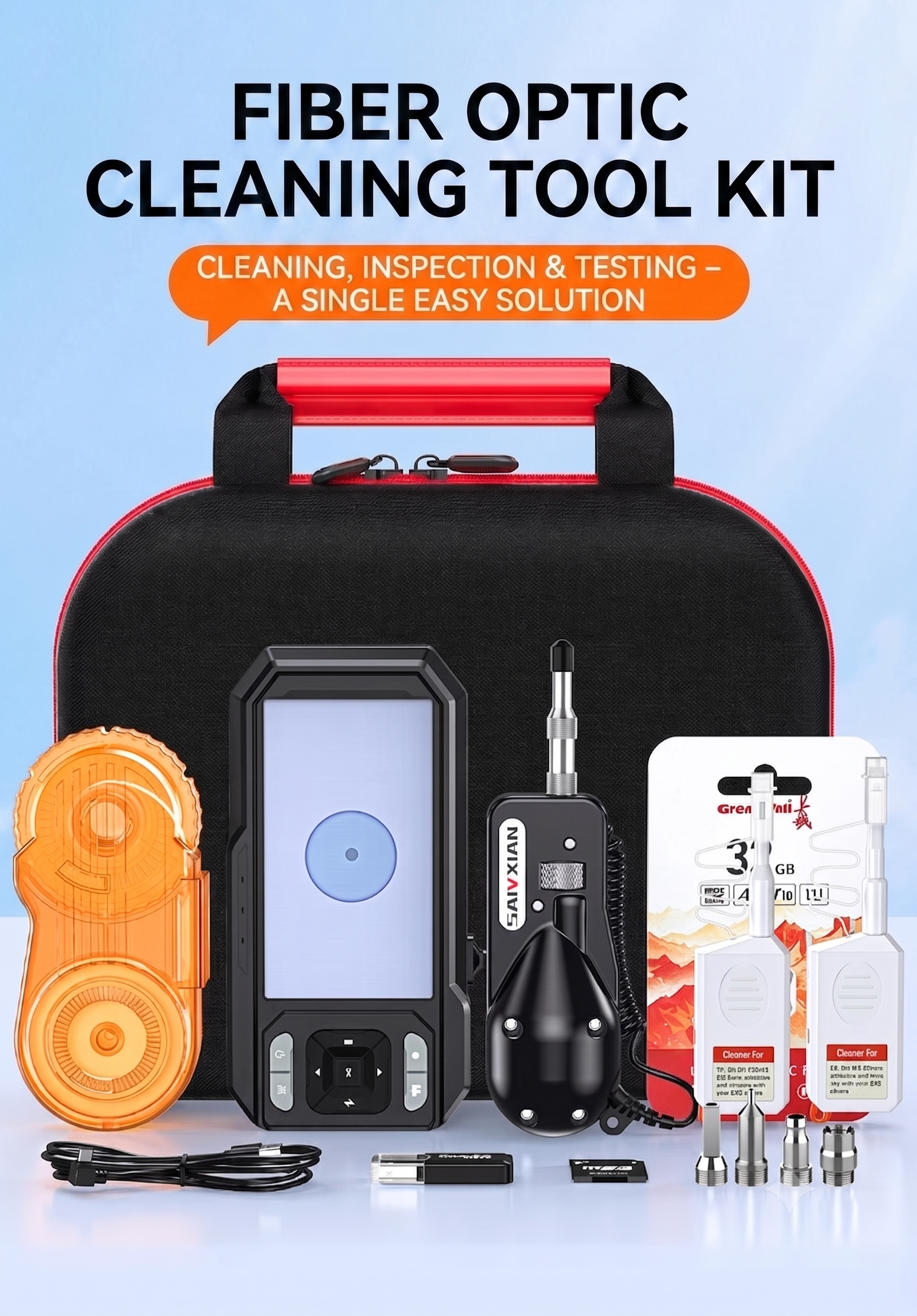 Fiber Optic Inspection & Cleaning Kit – 400x Probe with Display + One-Click Cleaner Pen + Connector Cleaning Cassette