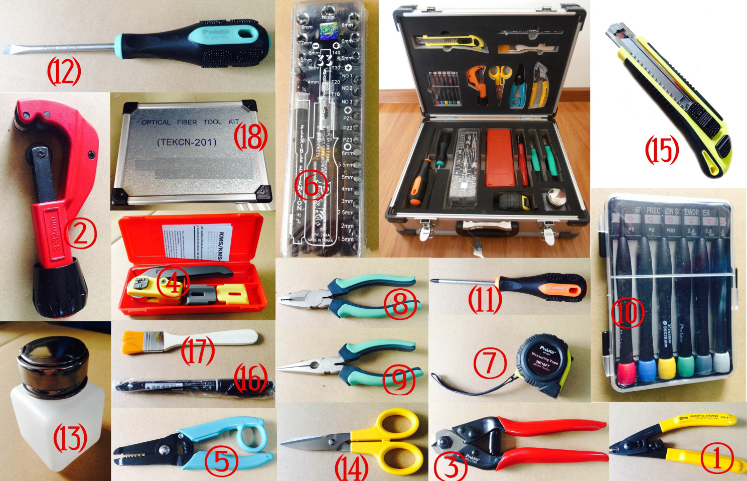 TEKCN HSV-201 FTTH Fiber Optic Tool Kit – 18-Piece Professional Splicing Tool Set